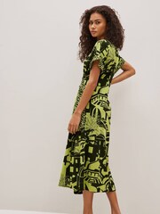 Khaki Green Scenic V-Neck Wrap Short Sleeve Trim Midi Dress - Image 2 of 6