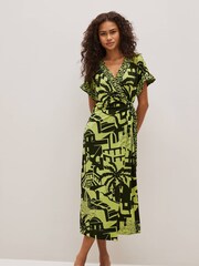 Khaki Green Scenic V-Neck Wrap Short Sleeve Trim Midi Dress - Image 3 of 6