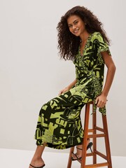Khaki Green Scenic V-Neck Wrap Short Sleeve Trim Midi Dress - Image 4 of 6
