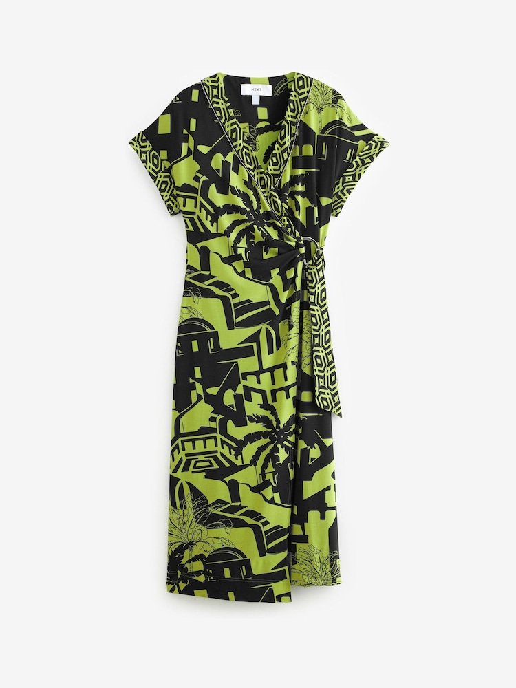 Khaki Green Scenic V-Neck Wrap Short Sleeve Trim Midi Dress - Image 6 of 6