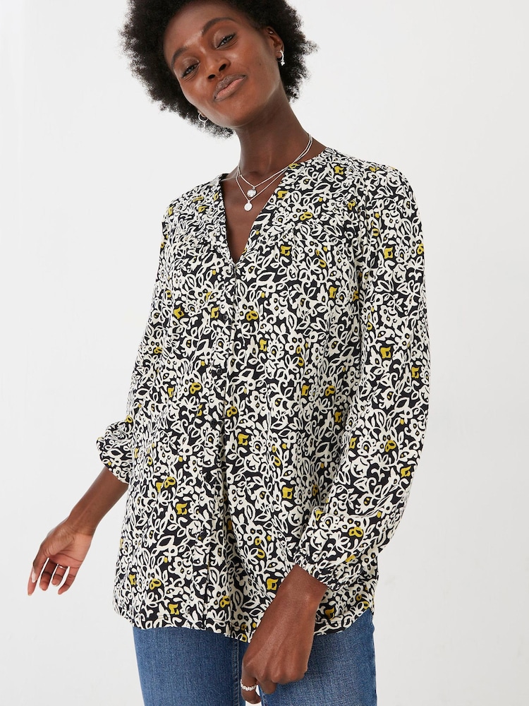 FatFace Betty Black Mono Floral Longline Top - Image 1 of 4