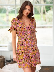 Pour Moi Mustard Orange Floral Bella Fuller Bust Slinky Stretch Tie Sleeve Mini Dress - Image 1 of 5