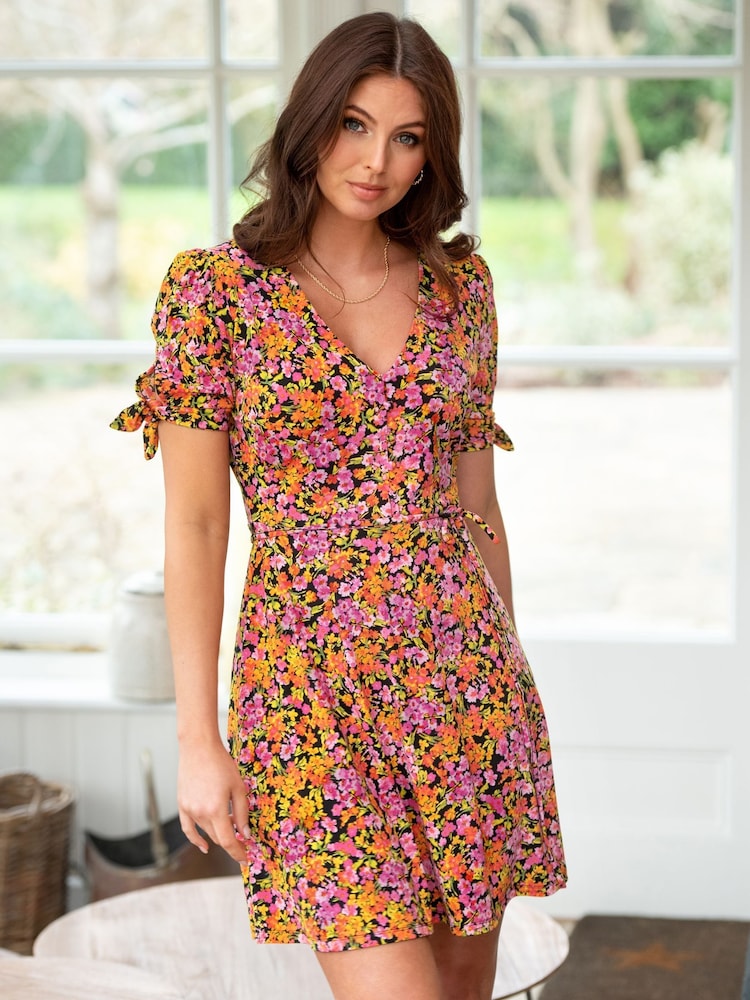Pour Moi Mustard Orange Floral Bella Fuller Bust Slinky Stretch Tie Sleeve Mini Dress - Image 1 of 5