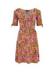 Pour Moi Mustard Orange Floral Bella Fuller Bust Slinky Stretch Tie Sleeve Mini Dress - Image 4 of 5