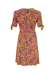 Pour Moi Mustard Orange Floral Bella Fuller Bust Slinky Stretch Tie Sleeve Mini Dress - Image 5 of 5