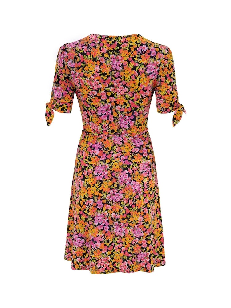 Pour Moi Mustard Orange Floral Bella Fuller Bust Slinky Stretch Tie Sleeve Mini Dress - Image 5 of 5