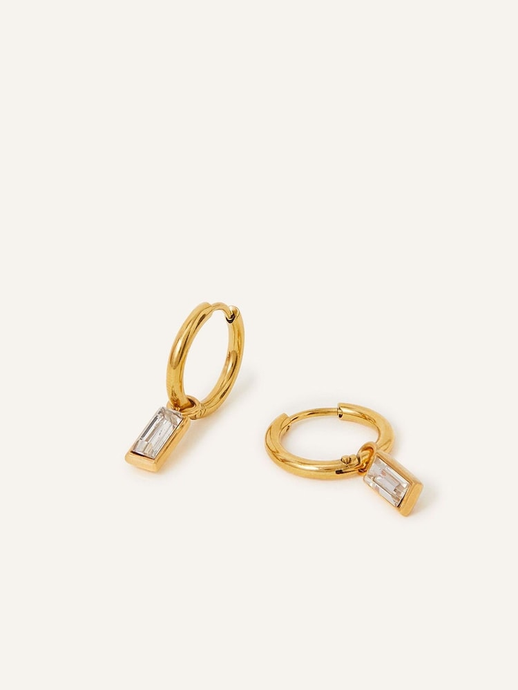 Accessorize White Stainless Steel Baguette Crystal Drop Hoops - Image 2 of 2