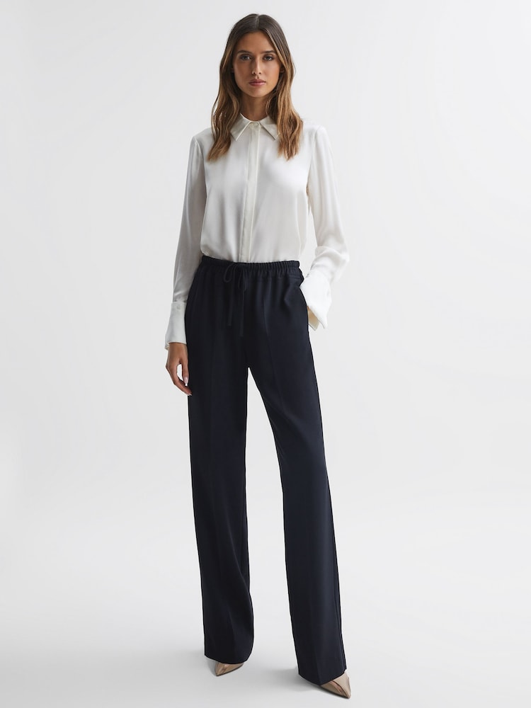 Reiss Navy Hailey Wide Petite Wide Leg Pull On Trousers - Image 1 of 7