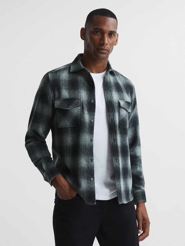 Reiss Charcoal Alves Button Through Check Overshirt - Image 1 of 6