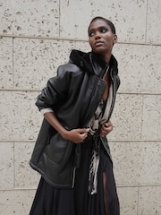 Religion Black Shearling and Leather Look Globe Coat with Hood - Image 1 of 2