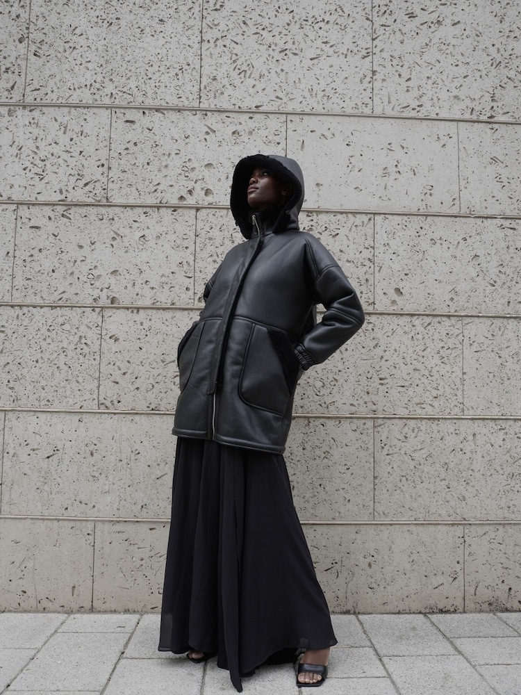 Religion Black Shearling and Leather Look Globe Coat with Hood - Image 2 of 2