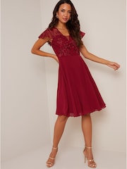 Chi Chi London Red V-Neck Embroidered Midi Dress - Image 1 of 5