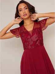 Chi Chi London Red V-Neck Embroidered Midi Dress - Image 4 of 5