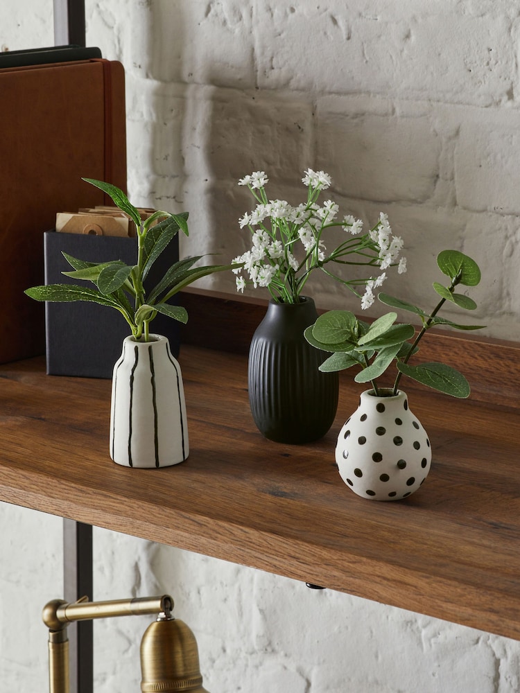 Set of 3 Green Artificial Plants In Monochrome Ceramic Pots - Image 1 of 3