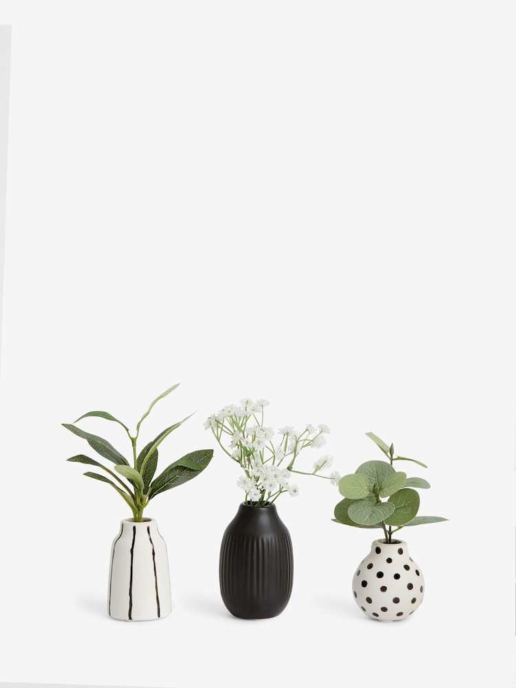 Set of 3 Green Artificial Plants In Monochrome Ceramic Pots - Image 2 of 3