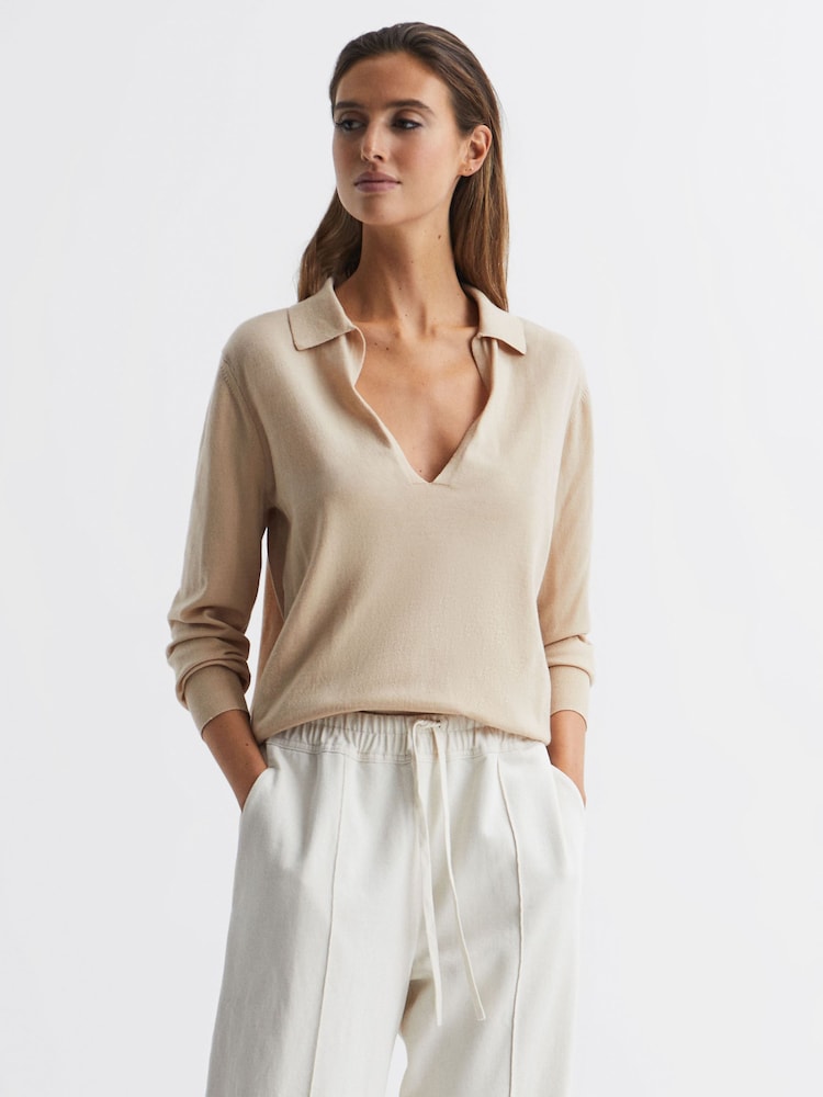 Reiss Camel Nellie Knitted Collared V-Neck Top - Image 1 of 5