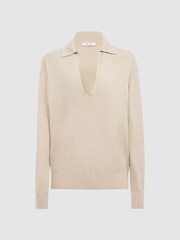 Reiss Camel Nellie Knitted Collared V-Neck Top - Image 2 of 5