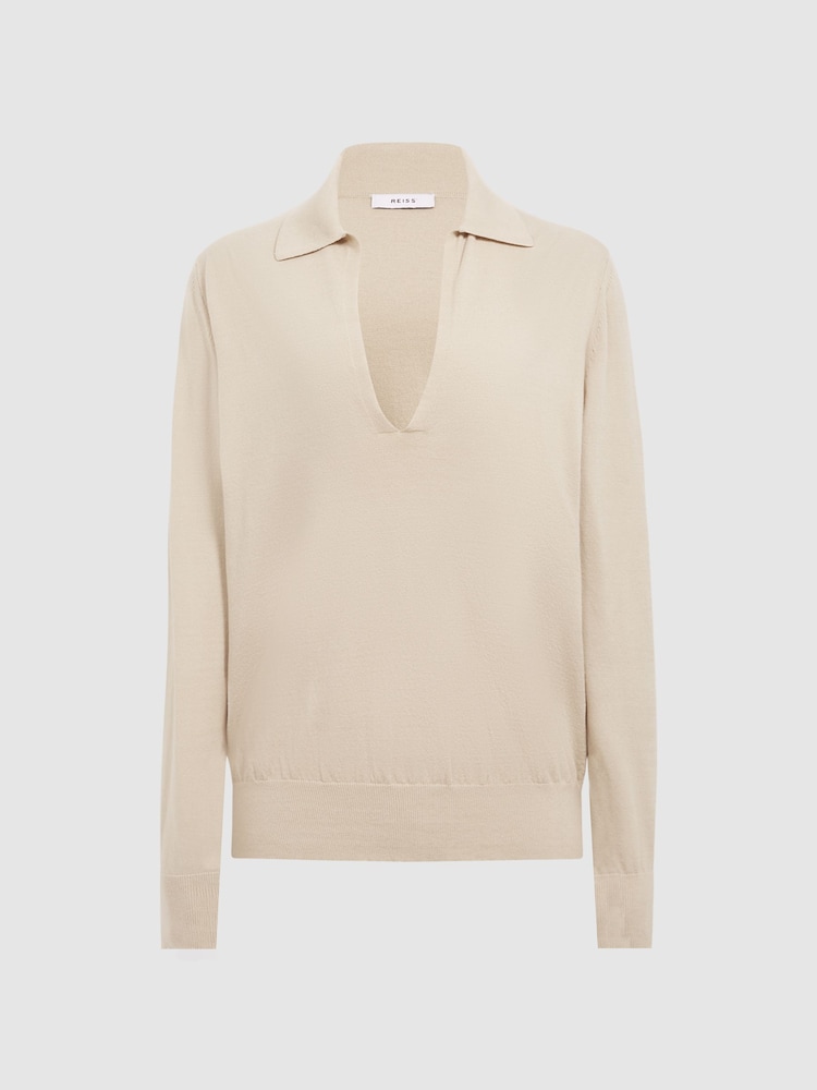 Reiss Camel Nellie Knitted Collared V-Neck Top - Image 2 of 5