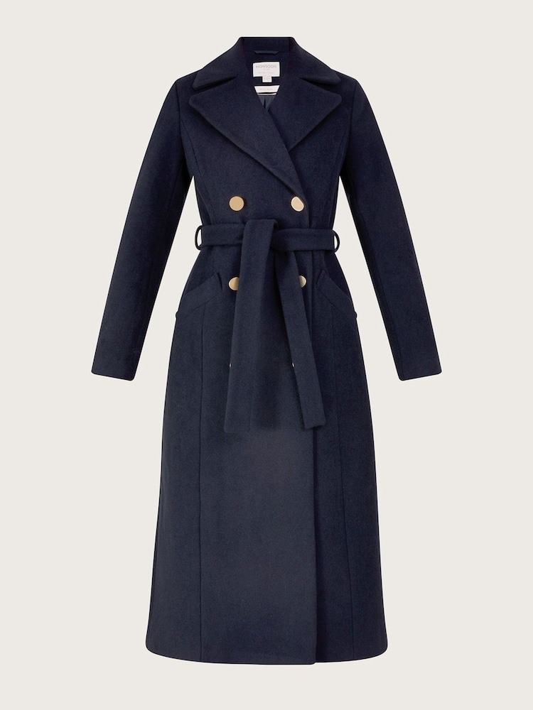 Monsoon Blue Lola Belted Wool Mix Trench Coat - Image 4 of 4