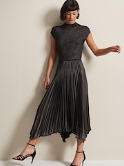 Phase Eight Black Isla Metallic Pleated Knitted Dress - Image 1 of 6
