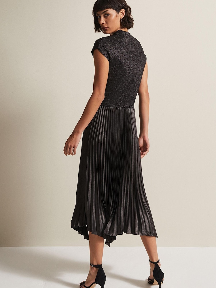 Phase Eight Black Isla Metallic Pleated Knitted Dress - Image 2 of 6