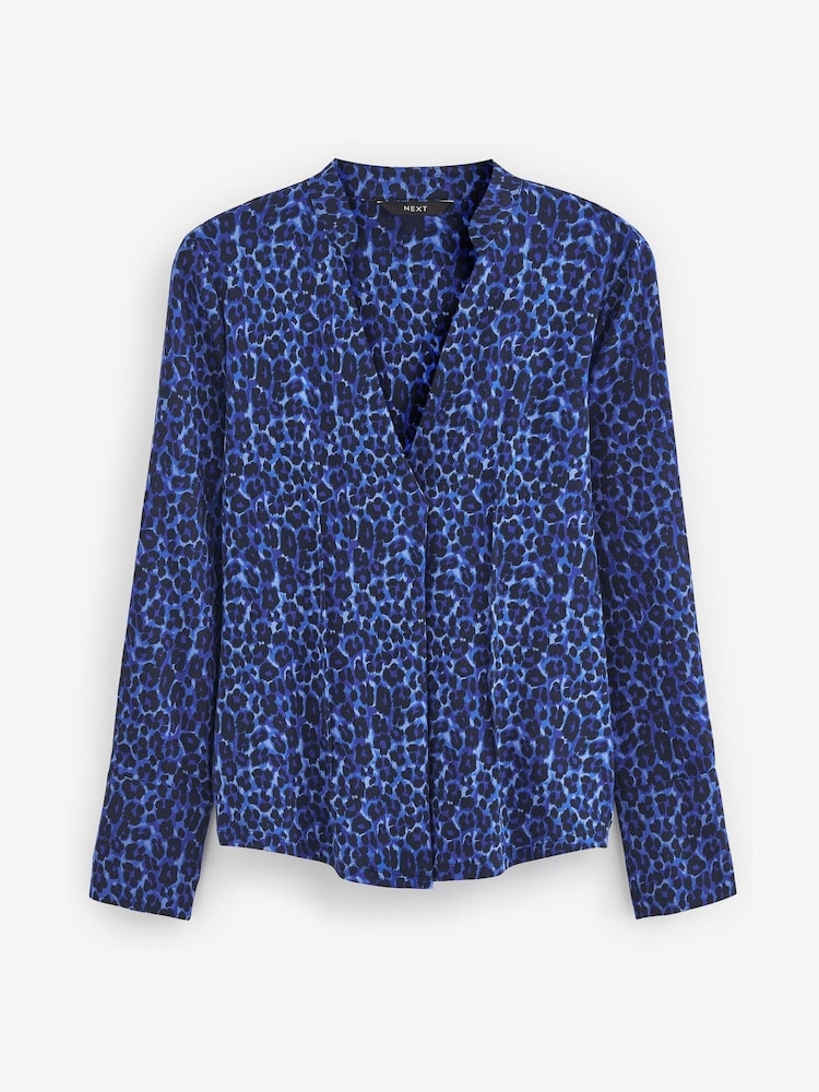 Blau mit Leopardenmuster - Langärmelige Bluse mit V-Ausschnitt und Corsagendetail - Bild 5 von 5