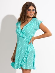 Pour Moi Turquoise Blue Polka Dot Frill Wrap Woven Beach Dress - Image 3 of 5