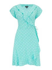 Pour Moi Turquoise Blue Polka Dot Frill Wrap Woven Beach Dress - Image 4 of 5