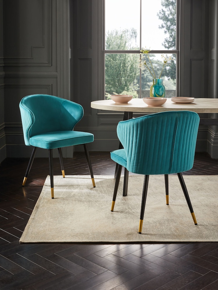 Set of 2 Soft Velvet Teal Blue Piano Arm Dining Chairs - Image 1 of 7