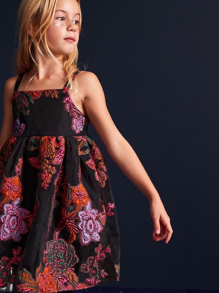 Black/Pink Floral Jacquard Party Dress (6-16yrs) - Image 1 of 7 Black/Pink Floral Jacquard Party Dress (6-16yrs) - Image 1 of 7