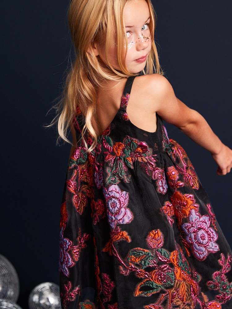 Black/Pink Floral Jacquard Party Dress (6-16yrs) - Image 2 of 7 Black/Pink Floral Jacquard Party Dress (6-16yrs) - Image 2 of 7