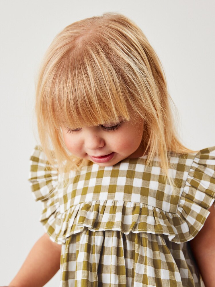 Olive Green Gingham Frill Detail Dress (3mths-8yrs) - Image 4 of 6