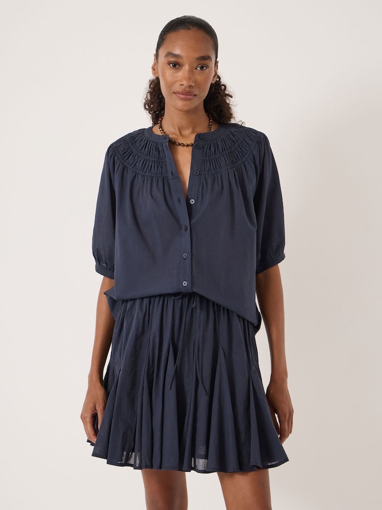 Hush Blue Brisa Gathered Neckline Cotton Voile Blouse - Image 1 of 5