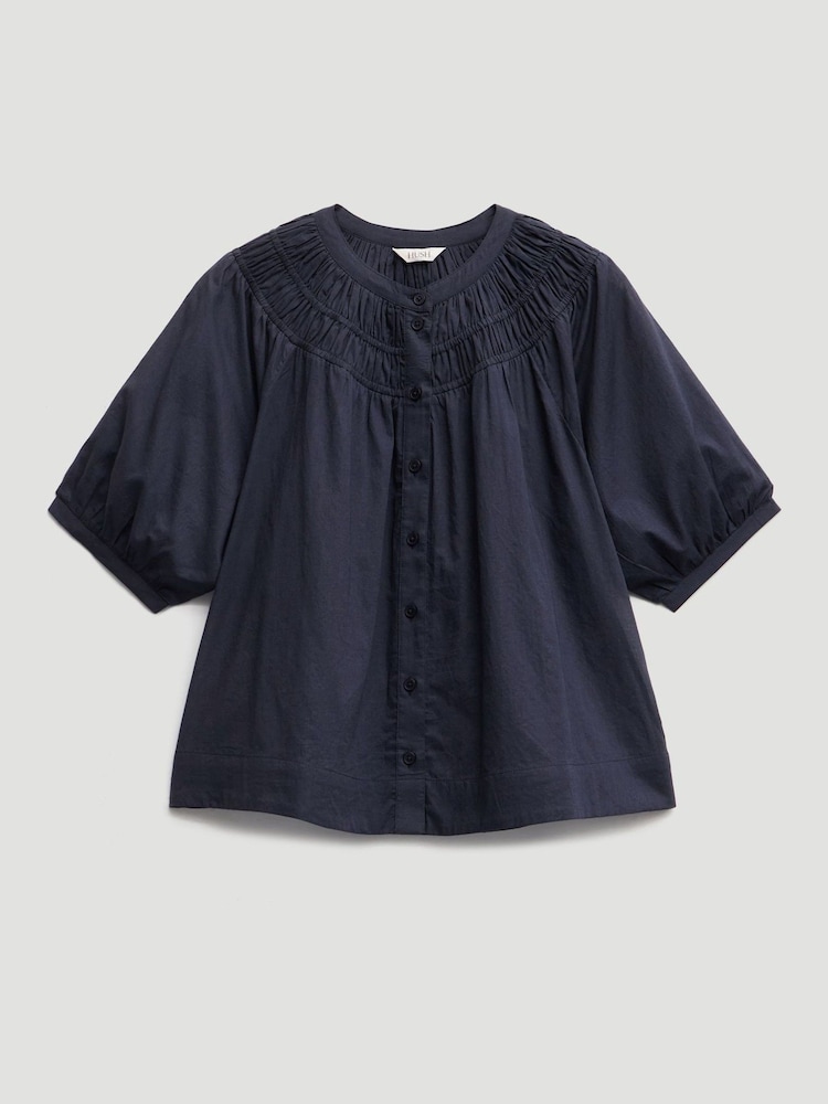 Hush Blue Brisa Gathered Neckline Cotton Voile Blouse - Image 5 of 5