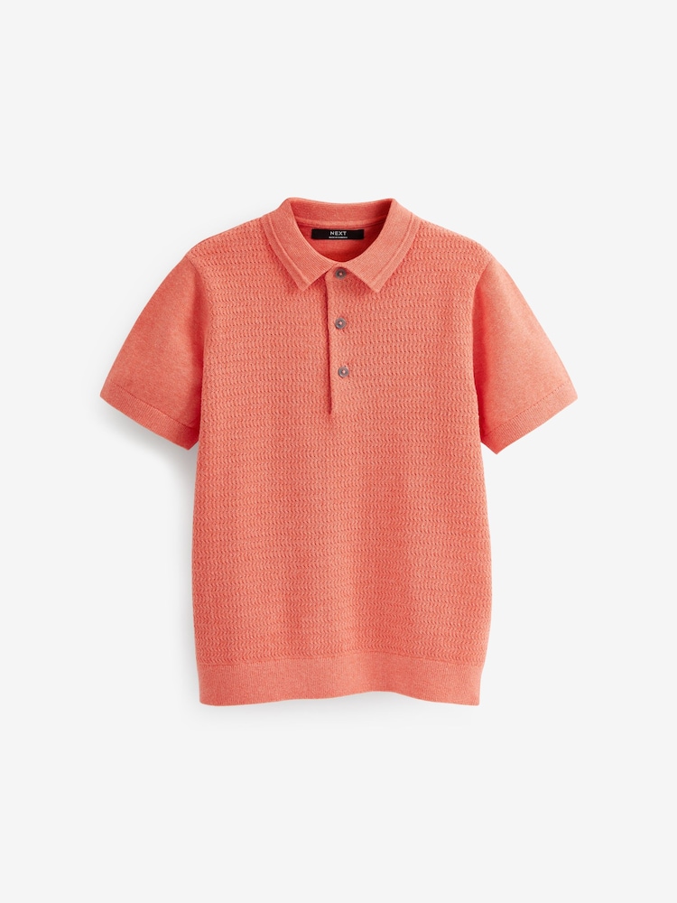 Coral Pink Knitted Short Sleeve Textured Polo Shirt (3-16yrs) - Image 1 of 2