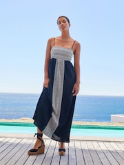 Black/Cream Embroidered Maxi Summer Dress With Linen - Image 1 of 6