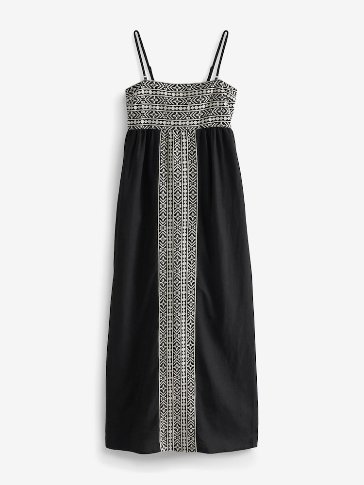 Black/Cream Embroidered Maxi Summer Dress With Linen - Image 6 of 6