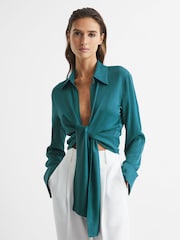 Reiss Teal Gabby Tie-Front Shirt - Image 1 of 7