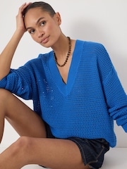 Hush Blue Open Stitch V-Neck Jumper - Image 4 of 5