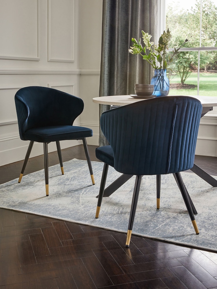 Set of 2 Soft Velvet Navy Blue Piano Arm Dining Chairs - Image 1 of 9