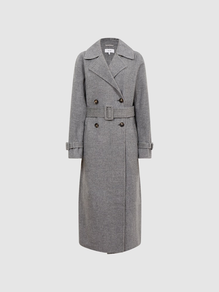 Reiss Grey Alexa Belted Blindseam Checked Trench Coat - Image 2 of 6 Reiss Grey Alexa Belted Blindseam Checked Trench Coat - Image 2 of 6