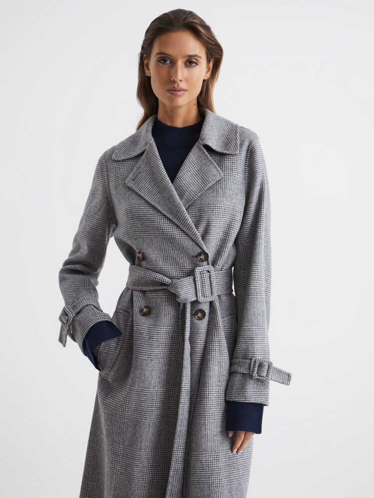 Buy Reiss Grey Alexa Belted Blindseam Checked Trench Coat from the