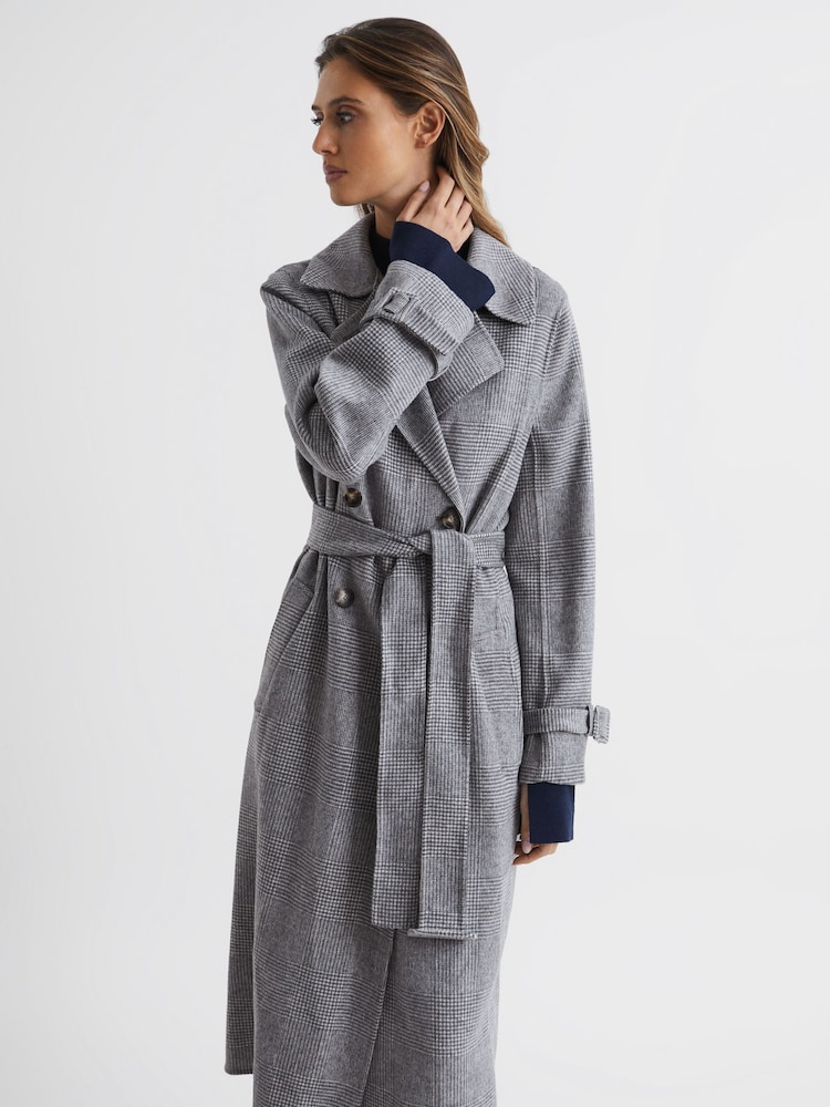 Reiss Grey Alexa Belted Blindseam Checked Trench Coat - Image 6 of 6 Reiss Grey Alexa Belted Blindseam Checked Trench Coat - Image 6 of 6