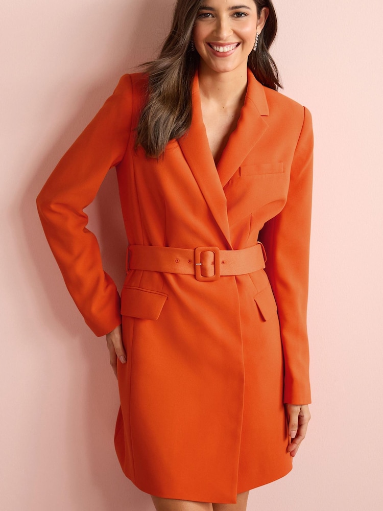 Orange Tailored Long Sleeve Belted Blazer Dress - Image 1 of 5
