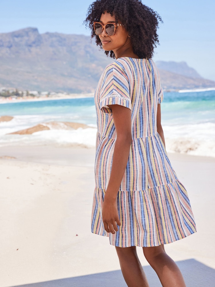 Multi Stripe Linen Blend Tiered Mini Dress - Image 1 of 4