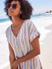 Multi Stripe Linen Blend Tiered Mini Dress - Image 2 of 4