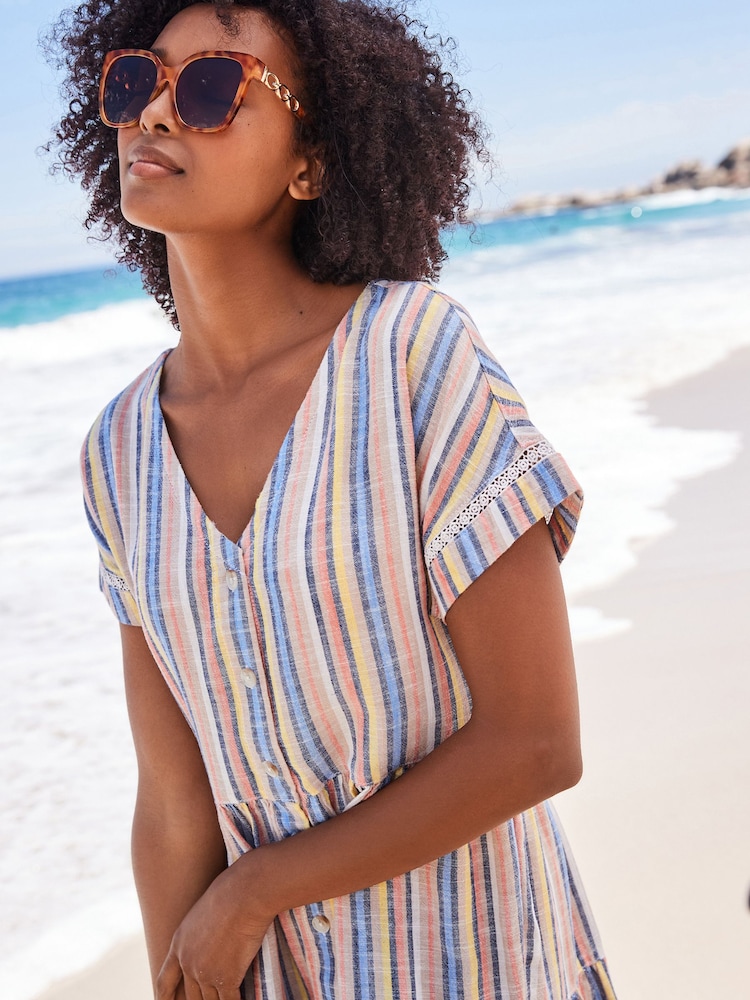 Multi Stripe Linen Blend Tiered Mini Dress - Image 2 of 4