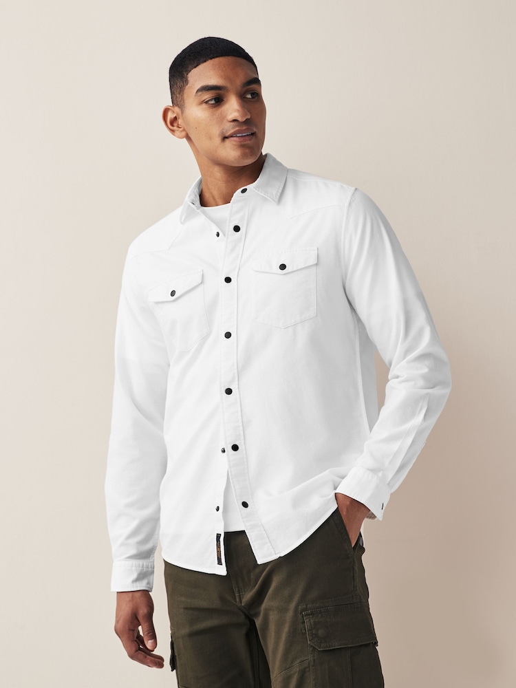 White Twin Pocket Textured Western Long Sleeve 100% Cotton Shirt - Image 1 of 7
