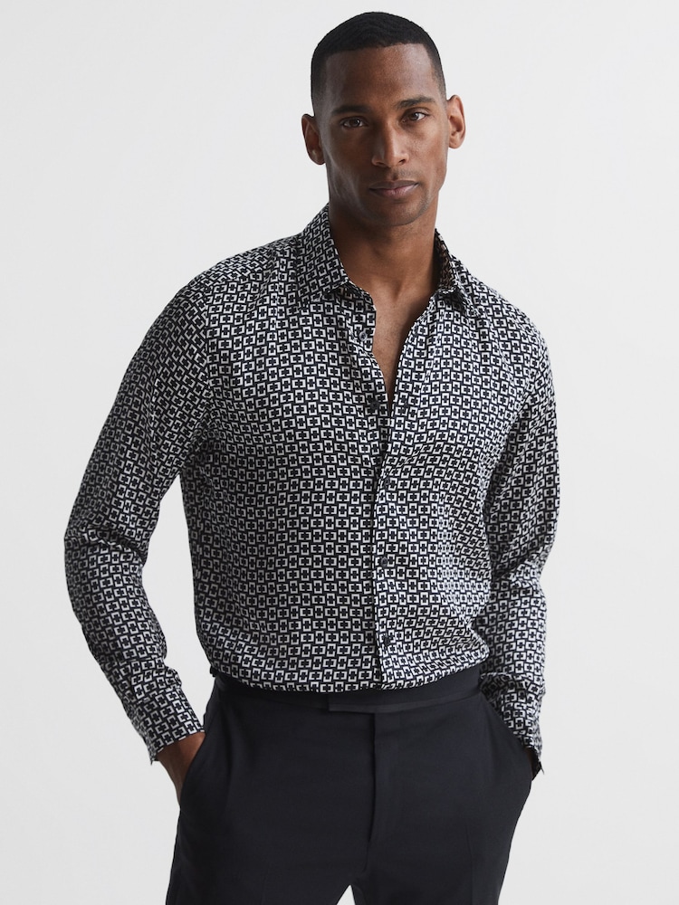 Reiss Black Broco Geo Print Shirt - Image 1 of 7