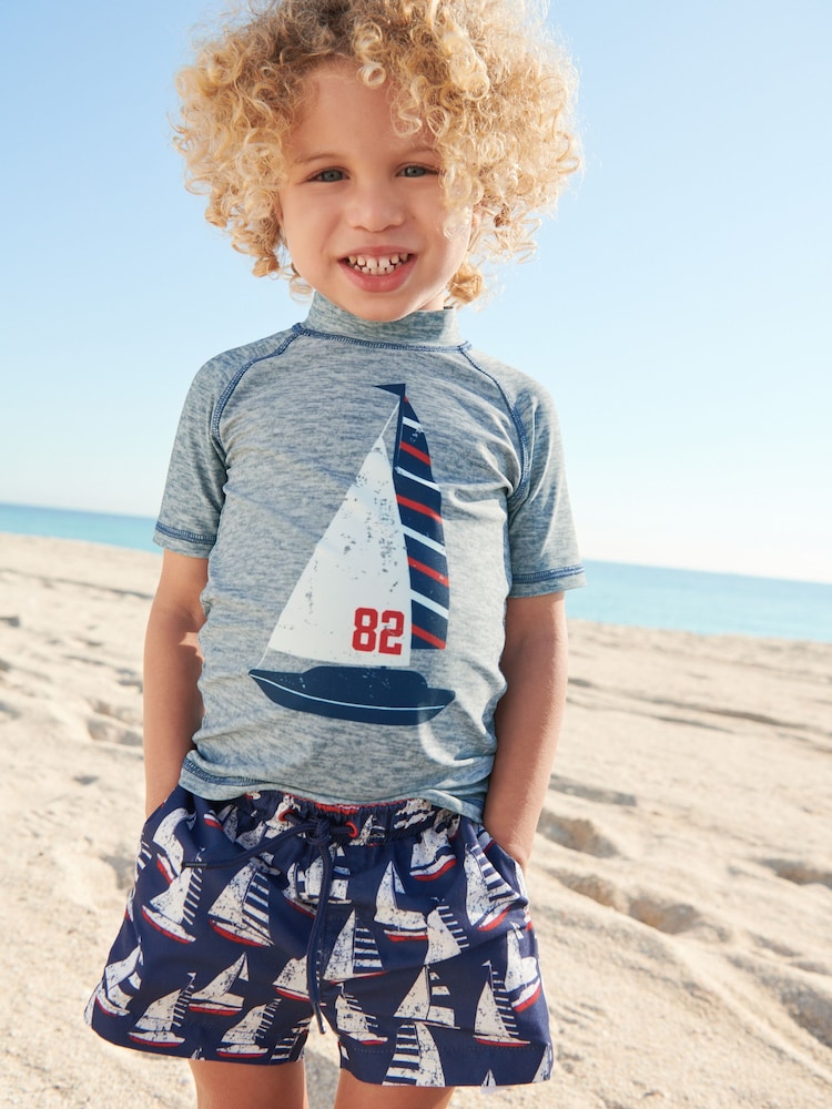 Grey/Navy Blue Boat 2-Piece Rash Vest And Shorts Set (3mths-7yrs) - Image 1 of 6 Grey/Navy Blue Boat 2-Piece Rash Vest And Shorts Set (3mths-7yrs) - Image 1 of 6